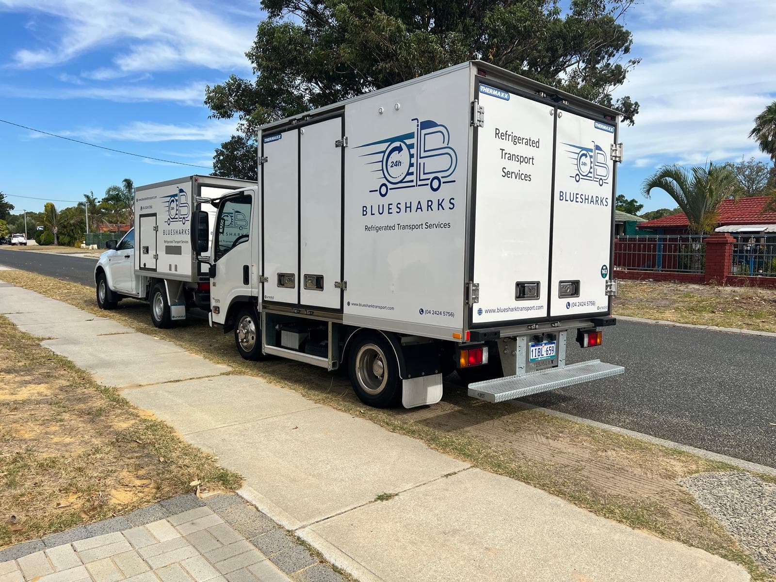 Bluesharks24H branded refrigerated trucks in Perth